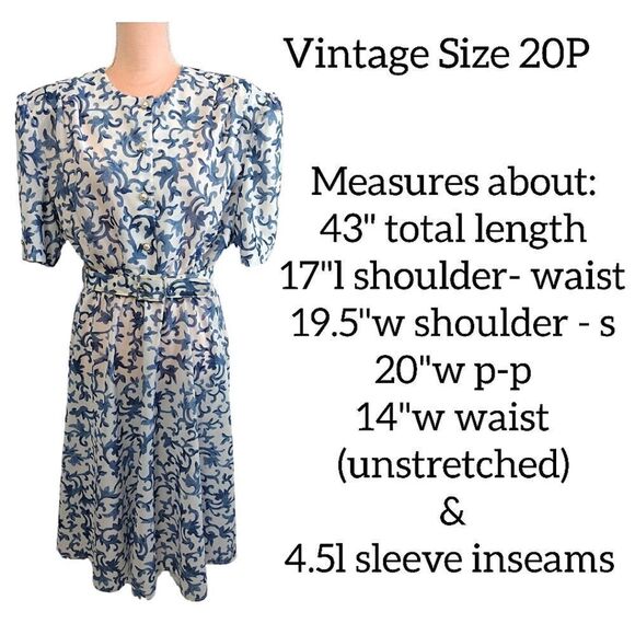 VTG 80s White Blue Floral Belted Midi Dress Size 20P *fits like XL Petite - Picture 12 of 16